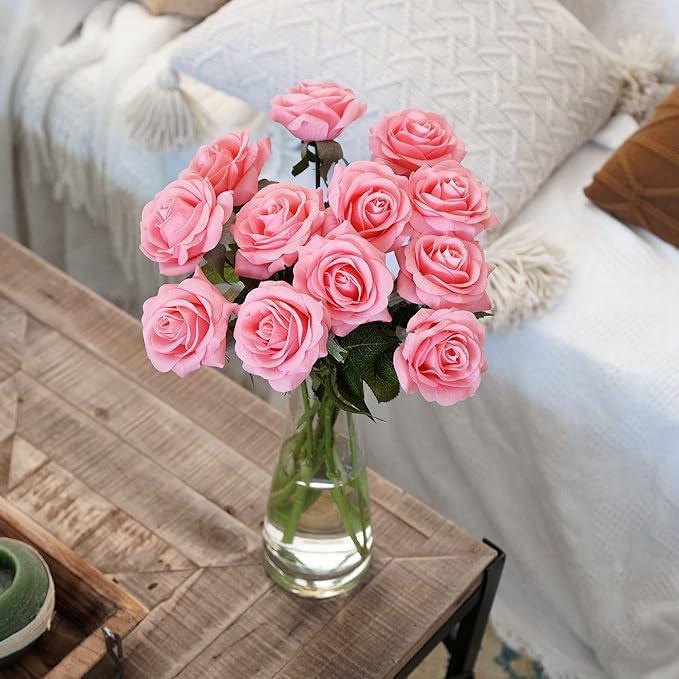 FiveSeasonStuff Fake Roses Wedding Flowers Real Touch Silk Pink Artificial Flowers 12 Stems
