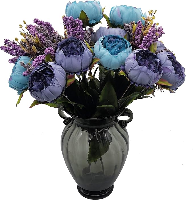 2pcs Artificial Peony Bouquets,19 Inch Silk Peony Bunch with 7 Faux Flowers,Classical Style Artificial Flowers with Leaves and Ornaments for Wedding,Home Décor Centerpieces(Blue)