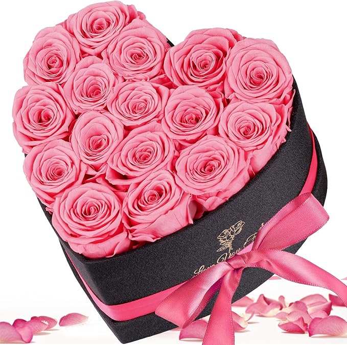 Forever Flowers, 16 Fresh Preserved Rose in Heart Shape Box, Eternal Rose for Her Birthday Pink