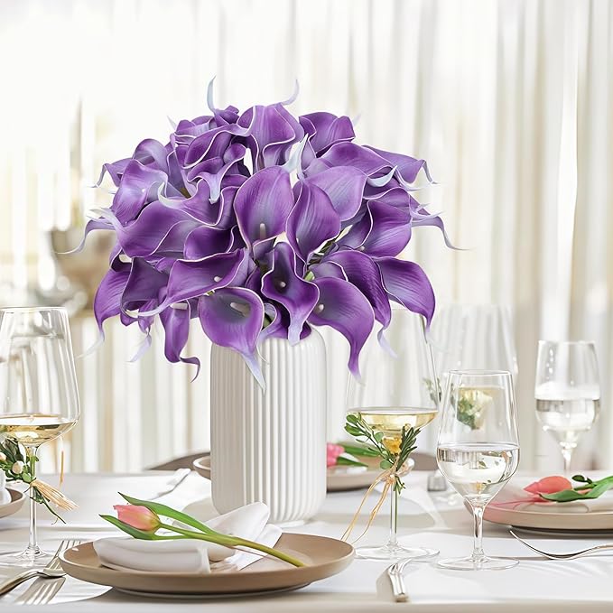 24 Pcs Purple Artificial Calla Lily Flowers Fake Purple Silk Flowers Real Touch for Wedding Bouquet Office Home Kitchen Decor