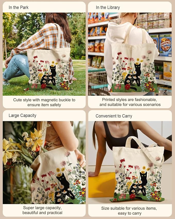 Aesthetic Tote Bag for Women- with Magnetic Buckle and Zipper Inner Pocket Cloth Cotton Canvas Tote Bags