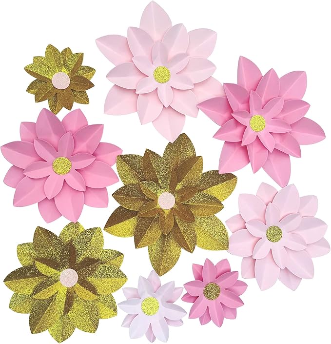 Mybbshower Pink Gold Glitter Paper Flower for Wall (10"-6") DIY Floral Backdrop Nursery Room Baby Shower Girls Birthday Party Photo Backdrop Pack of 9