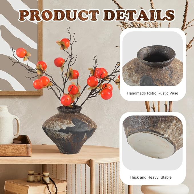 Wabi Sabi Style Ceramic Vase Brown Ceramic Rustic Vase for Wabi Sabi Style Decor Table Centerpiece, Home and Living Room Decoration, Shelf Decor, Mantel, Dinner Table Office Decorations
