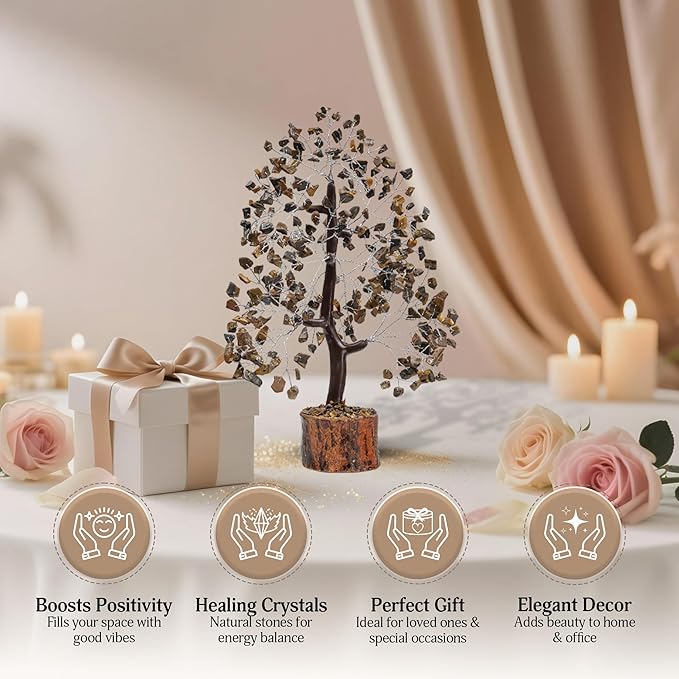 FASHIONZAADI Tigers Eye Crystal Tree, Crystal Money Tree of Life, Feng Shui Decor for Office and Home, Spiritual Gifts for Women, Reiki Gifts