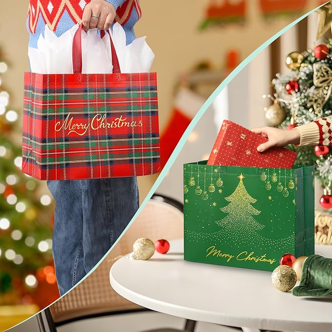 YANGTE 6 Pack 13" Large Christmas Gift Bags with Tissue Paper, Reusable Non-Woven Christmas Bag with Handles for Holiday Presents Wrapping, Xmas Tote Bags for Gifts Wrapping Xmas Party Favors