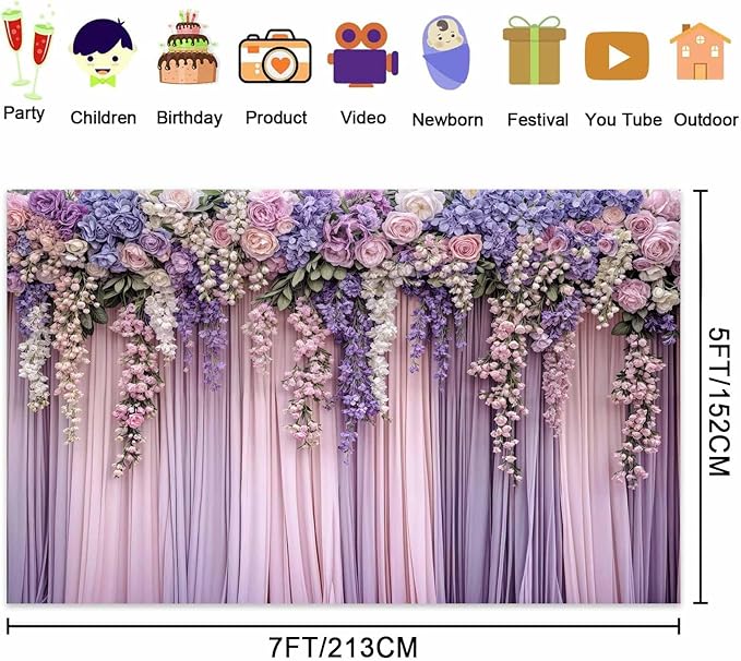 15x10ft Purple Flower Wedding Photography Backdrop Lavender Floral Wedding Bridal Photography Backdrop Anniversary Birthday Baby Shower Girl Party Banner Photo Booth Props Background Wall Decor