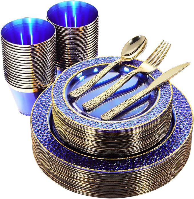 Nervure 150PCS Clear Blue Plastic Plates - Gold Party Plates - Blue and Gold Dinnerware Set Include: 50 Disposable Plate, 25Cups, 25Forks, 25Knives, 25Spoons for Wedding & Party & Father's Day