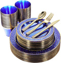 Nervure 150PCS Clear Blue Plastic Plates - Gold Party Plates - Blue and Gold Dinnerware Set Include: 50 Disposable Plate, 25Cups, 25Forks, 25Knives, 25Spoons for Wedding & Party & Father's Day