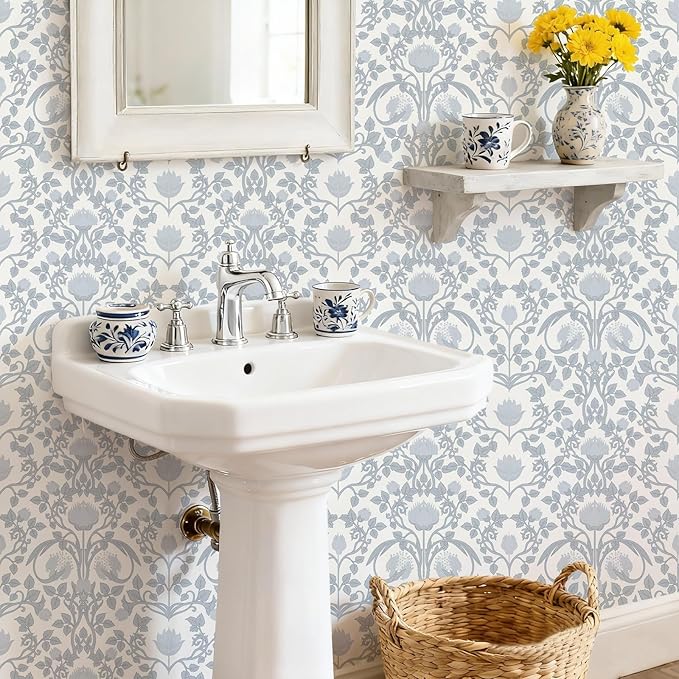 17.3"×78.7" Blue Floral Peel and Stick Wallpaper, Damask Vintage Wallpaper for Bedroom Bathroom Self Adhesive Removable