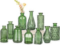 Glass Bud Vases Set of 10, Peacock Green Small Flower Vase in Bulk for Centerpieces, Mini Vintage Vases for Rustic Wedding Vintage Home Table Decor