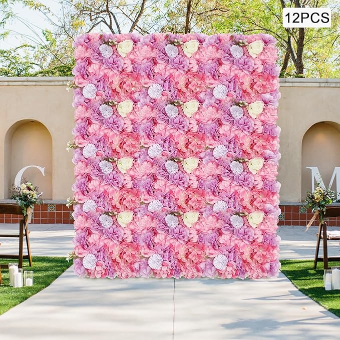 12Pcs Artificial Flower Wall Panel,3D 15" X 15" Silk Rose Mat Artificial Flower Wall,Decorative Backdrop Flower Panels Wall for Wedding Party Stage Baby Shower Decor (White,Pink,Purple)