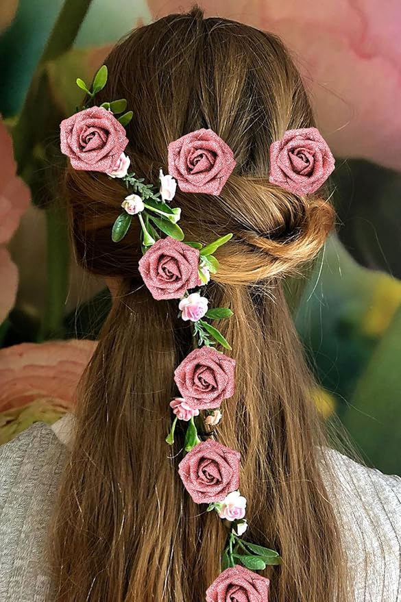 IPOPU Glitter Rose Bouquet,25PCS Sparkle Fake Roses Artificial Flowers Artificial Roses with Stems for Cake Wedding Bouquet Home Party Decoration(Salmon)