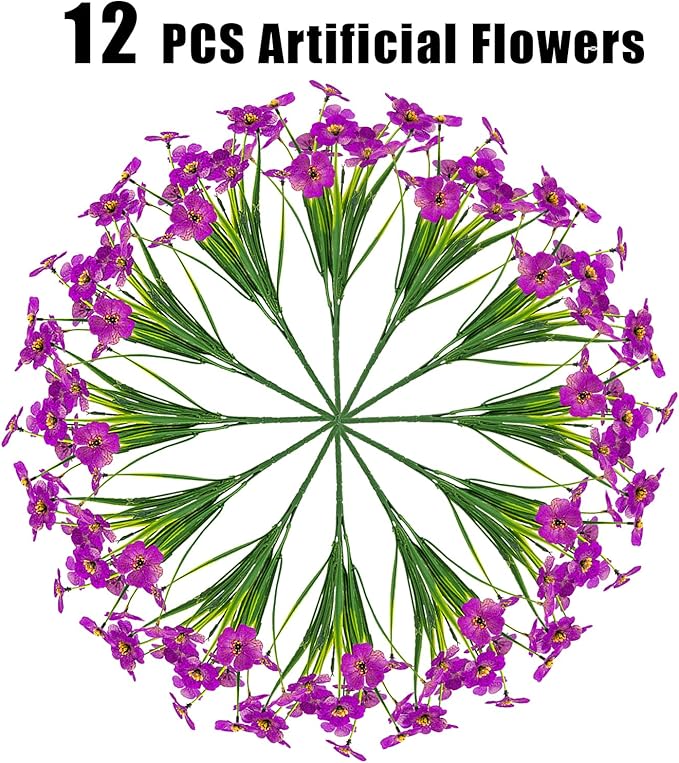 MACTING Artificial Flowers for Outdoors 12 Bundles Faux Outdoor Plants UV Resistant Plastic Silk Flowers No Fade for Planters Window Patio Porch Yard Indoor Garden Outside Summer Decorations(Purple)