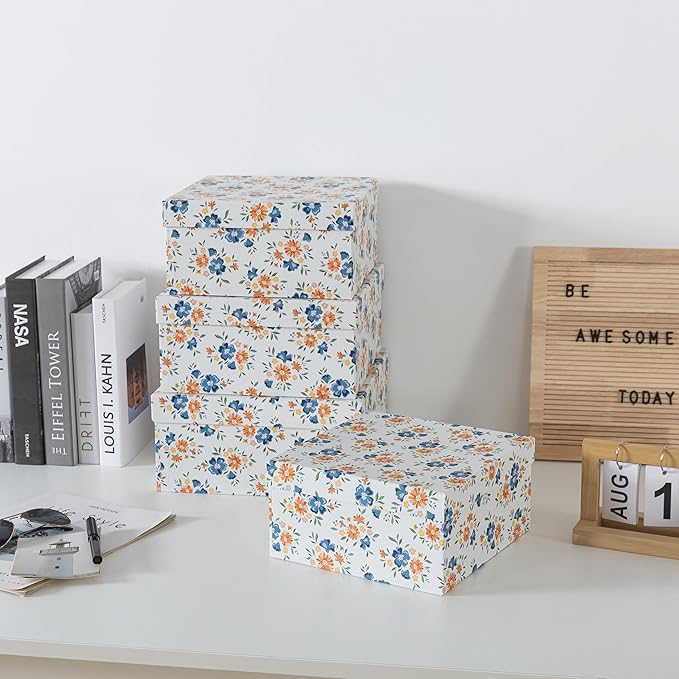 Soul & Lane Decorative Square Boxes with Lids - Set of 4 - Harvest Bloom, Floral Cardboard Memory and Keepsake Boxes, Photo Storage for Organizing and Home Décor
