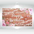 Happy Birthday Backdrop Banner Decorations Pink Floral Birthday Banner for Women Girls Glitter Lights Rustic Wood Birthdays Background for Backdrop Party Decorations 70.87x43.3in