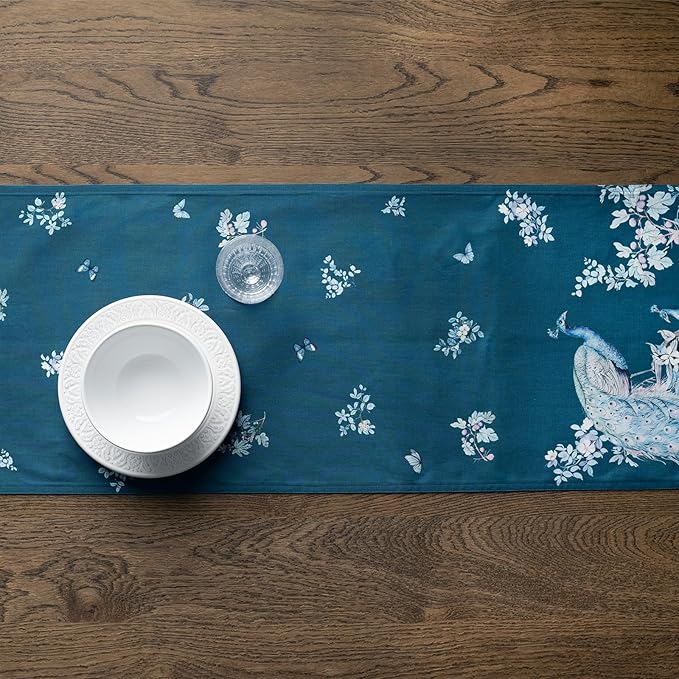 Maison d' Hermine Tablerunners 100% Combed Cotton Premium Table Runner Decorative Table Cover, Home, Kitchen & Camping, Peacock Utopia - Deep Sea, Double Layer - (14.5"x72")