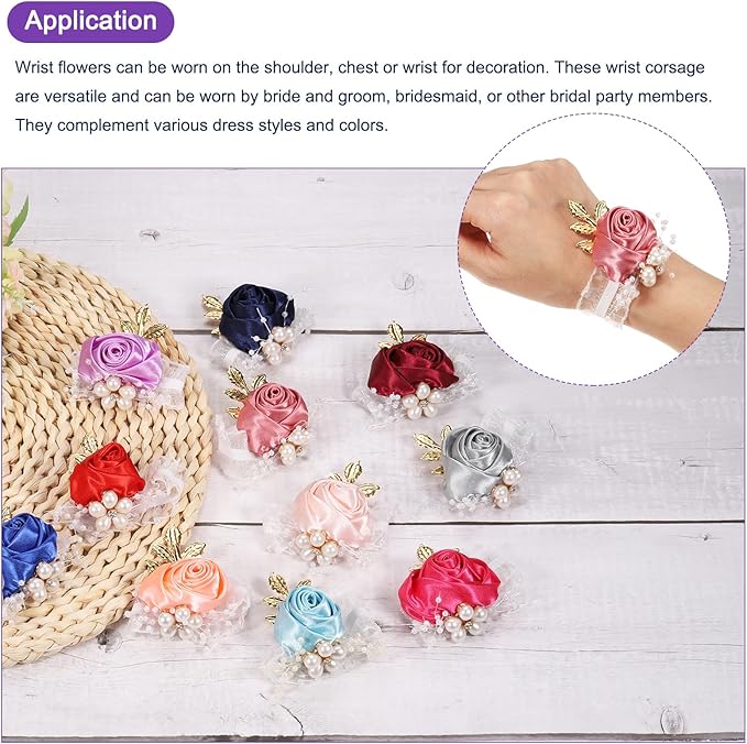 MECCANIXITY Wrist Corsage Artificial Flower Bracelets Pack of 2 Rose Wrist Bride Groom Decorative for Wedding Ceremony Prom Party Anniversary, 10x12cm Light Beige