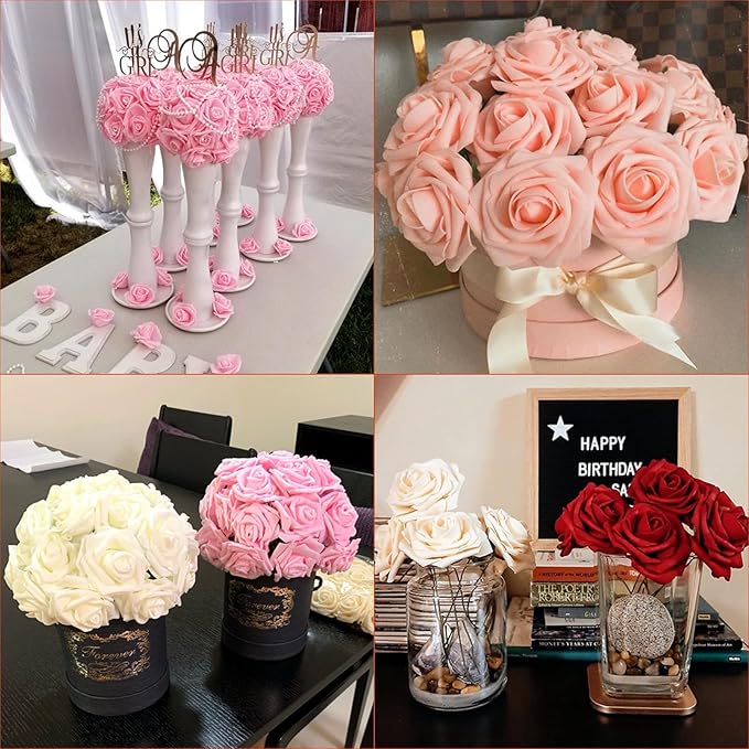 60Pcs Artificial Rose Flowers, Real Looking Fake Roses for Decorations, Foam Rose Bulk with Stems for DIY Wedding Bouquets Floral Arrangements Bridal Shower Party Home Decor (60, White)