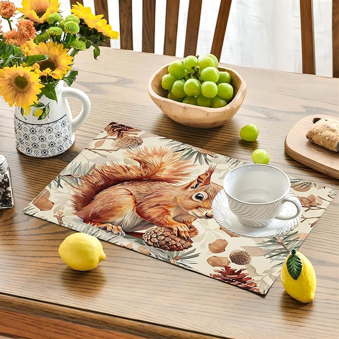 Squirrel Placemats Set of 6 Pine Cone Branch Fall Autumn Watercolor Table Mats Washable Place Mats for Home Party Indoor Kitchen Dining Table Decoration 12x18 Inch