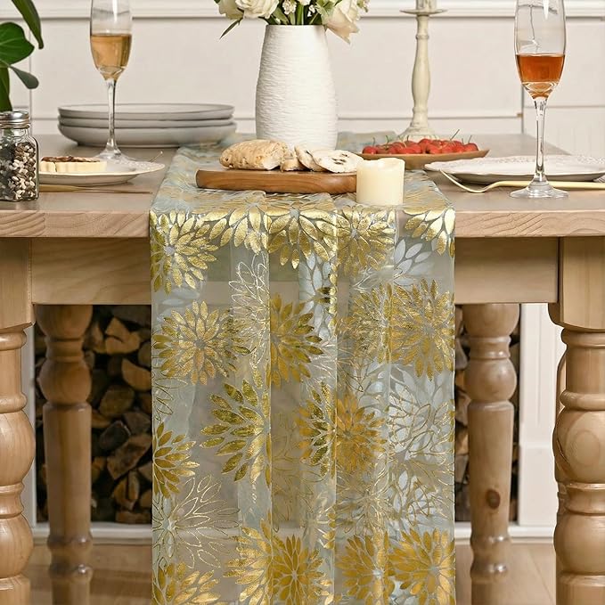 Artoid Mode Sage Green Gold Dahlia Flower Gauze Table Runner 120 Inch 10FT, Glitter Metallic Foil Sheer Cheesecloth Dining Holiday Table Decor for Home Party