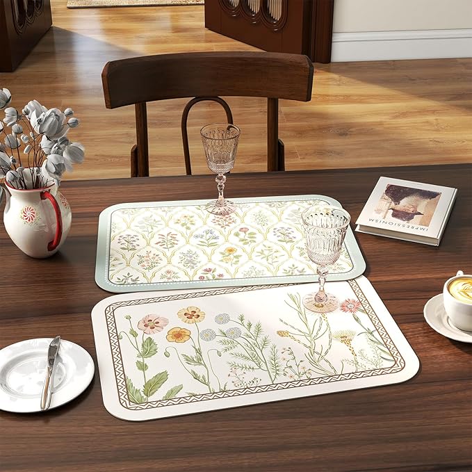 ISAENNE Designer Cottage Rectangular Placemats Set of 6,Flower Pattern PVC Placemat, Waterproof and Heat-Resistant Pastoral Style,Decoration for Kitchen,Dinning,Parties, Holiday,12"*17"