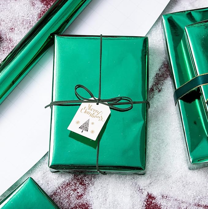 Merture Metallic Dark Green Wrapping Paper Roll - 17 In X 16.4 Ft(23.3 sq.ft.) with Grid Cutting Lines