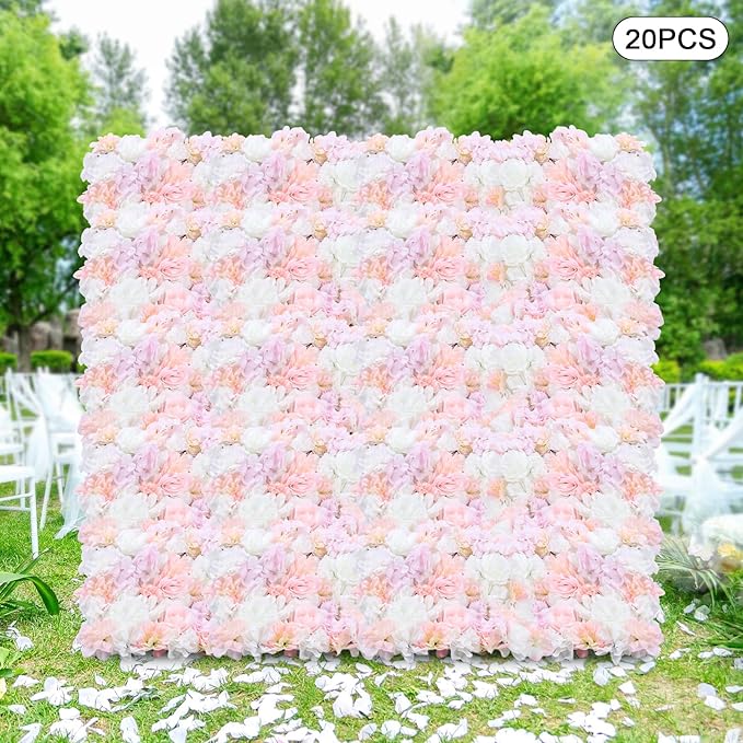 20 Pack Flowers Wall Panels Artificial Flowers Wall Decoration Flower Wall Mat Silk Flower Panels Rose Hydrangea Wall Backdrop for Wedding Party Home Christmas Festival, 24 x 16 inch (B)