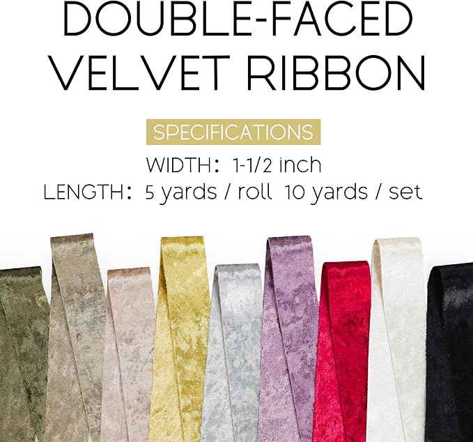 Black Velvet Ribbon for Halloween 1-1/2 inch Wide Double-Sided Glossy Fabric Ribbons for Christmas Tree Decor Gift Wrapping Flower Bouquet DIY Crafts 10Yd