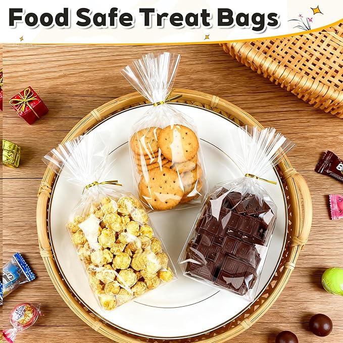 PigPotParty Cellophane Treat Bags 7"x10", 50 Pack Clear Goodie Bags, Bottom Gusset for Stand-Up Display, Small Plastic Gift Wrap for Cookies, Candy, Party Favors, Popcorn, Includes 50 Gold Ties