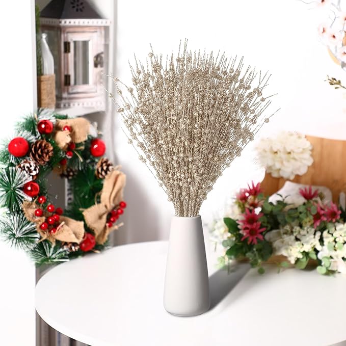 Geosar 30 Pcs Christmas Artificial Glitter Berry Stem Decorations 17 Inch Faux Stick Floral Pick Centerpiece Bouquet Flower Bead Twigs for Centerpiece Tree Wreath Xmas Ornaments Home(Champagne Gold)
