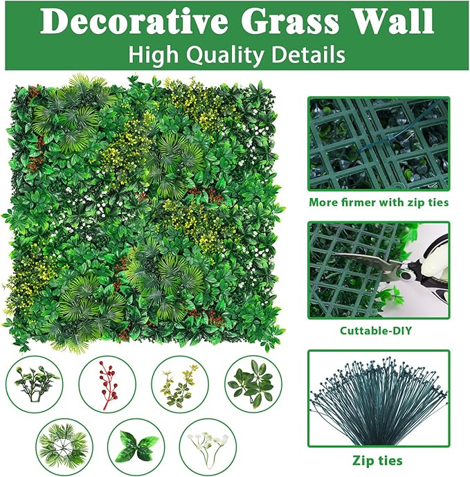 Artificial Grass Wall Panels, 20''x20'' 16pcs Boxwood Wall Panels with Tropical Leaves, Faux Greenery Privacy Fence Screen, Grass Backdrop for Outdoor Indoor Garden Birthday Wedding Decor