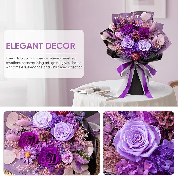 Flowers for Delivery Preserved Flower Fresh Bouquet Forever Flowers Birthday Gifts for Women Mom Anniversary Purple Real Rose Gifts for Grandma Sister Wife Her from Daughter Home Wedding Decor