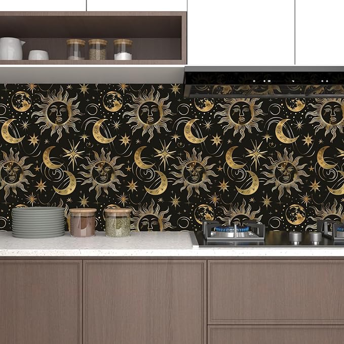 Black Peel and Stick Removable Vintage Wallpaper Gold Celestial Sun Moon Star Contact Paper 17.5" x 118" Dark Boho Mural Waterproof for Wall Bedroom Kitchen Bathroom Cabinet Room Decor