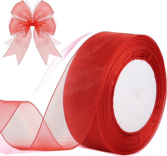 1-1/2 Inch x 50 Yards Sheer Organza Ribbon Chiffon Ribbon for Gift Wedding Flower Bouquet Wrapping Decorations Crafts (Red)