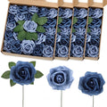 100 Pieces Artificial Foam Rose Flowers Faux Bouquet with Leaves and Stems for DIY Wedding Bouquets Centerpieces Bridal Shower Party Valentine Home Decorations(Dusty Blue Shades)