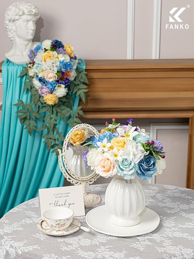 FANKO Artificial Flowers Fake Silk Rose, Mixed Combo Orange Rose Flowers Dark & Light Blue Cream Roses Delicate Blooms Set for Wedding Bridal Bouquets/Centerpieces/Home Decorations