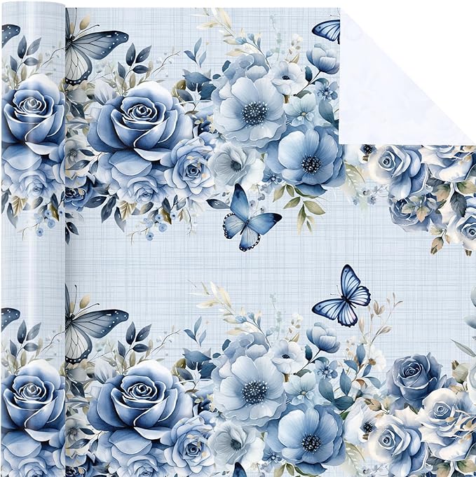 WRAPAHOLIC Dusty Blue Floral Wrapping Paper Roll - Mini Roll - 17 Inch x 33 Feet - Butterfly Flower Design, Perfect for Birthday, Wedding, Bridal Shower