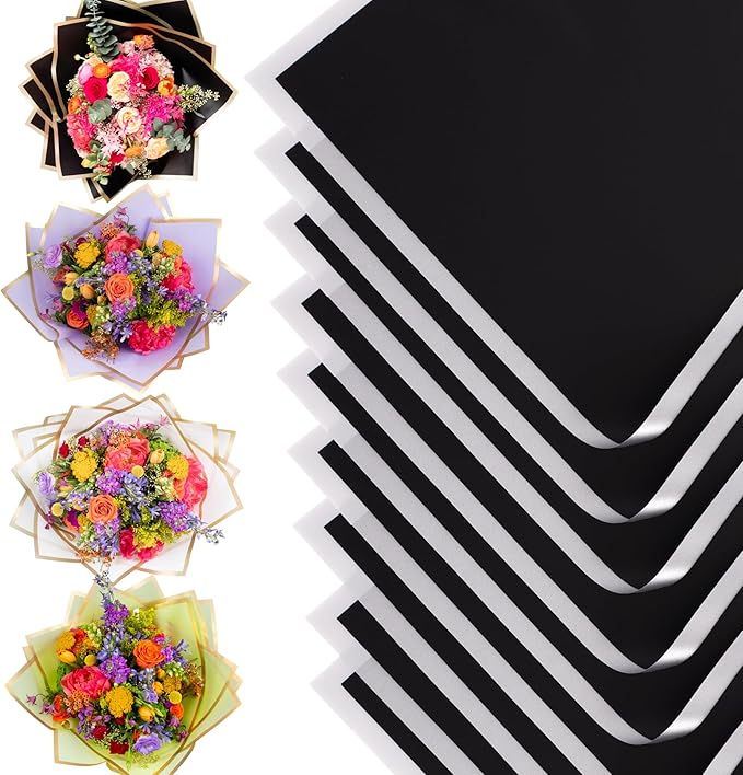 the florist Supply 20 Sheets Premium Flower Wrapping Paper | Waterproof Flower Wrapping Paper for Bouquets | Double Sided Floral Bouquet Sheets | DIY Gifts Borderline Black/Silver