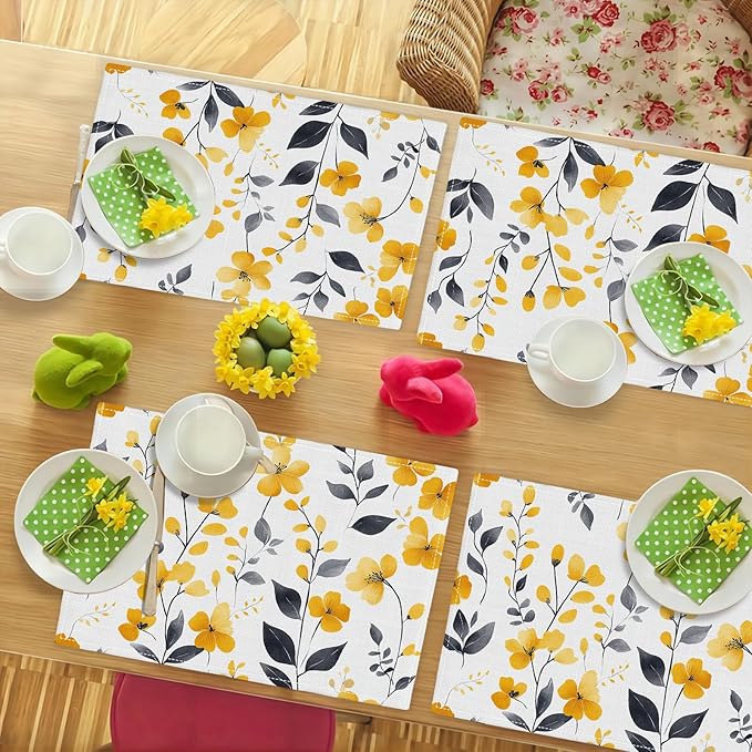 Farmhouse Yellow Flowers Placemats Set of 4, Rustic Floral Place Mats, Country Dining Table Mats, Washable Spring Placemats for Kitchen Dining Room Home Decor 18L'' × 12W''