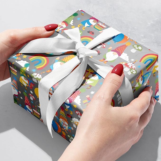 Jillson Roberts Bulk Gift Wrap, Everyday Gift Wrapping Supplies, Birthday Gnomes, 1/4 Ream 208 feet x 24 inches