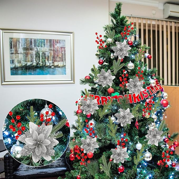 24 PCS Poinsettia Flower Artificial Silver Christmas Flowers Artificial 5.5'' Glitter Poinsettias Artificial Christmas Tree Flower with Clips DIY Xmas Wreath Holiday New Year Home Party Decor