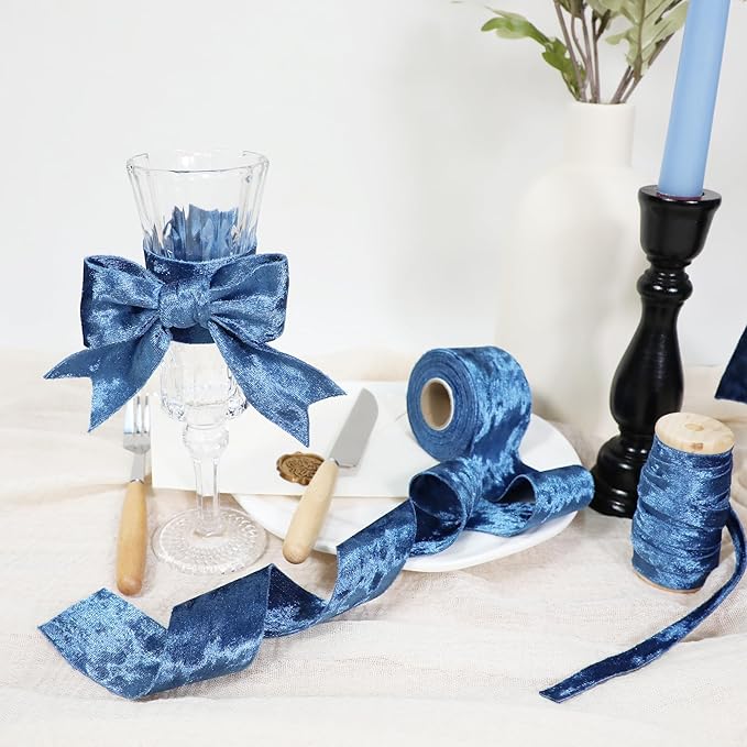 Velvet Ribbon Blue 1-1/2 inch Wide Double-Sided Glossy Fabric Ribbons for Christmas Tree Decor Gift Wrapping Flower Bouquet DIY Crafts 10Yd
