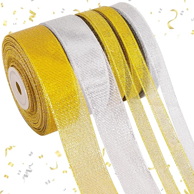 TONIFUL 5 Rolls Christmas Glitter Ribbon Set - Gold & Silver 3/8" & 1" Width x 25 Yards Ribbon for Crafts, Wreath, Tree, Gift Wrapping, Bows, Bouquet, Christmas, Valentine, Thanksgiving, Decoration
