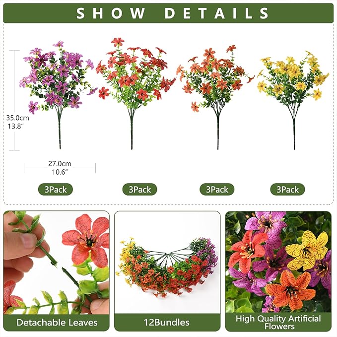 Homsunny Artificial Flowers for Outdoors UV Resistant Spring Home Decoration, 12 Pcs Realistic Fake Plants Faux Silk Flower Daisy with Eucalyptus Stem for Patio Planter Porch Yard Window (4 Colors)