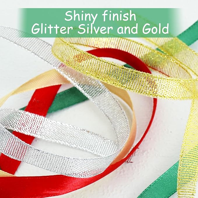 TONIFUL 5 Colors Christmas Ribbon 3/8 Inch x 125 yds Thin Satin Ribbon Rolls with Glitter and Solid Color for Gift Wrapping Crafts Bows Ornaments Hanging Christmas Tree Decorations