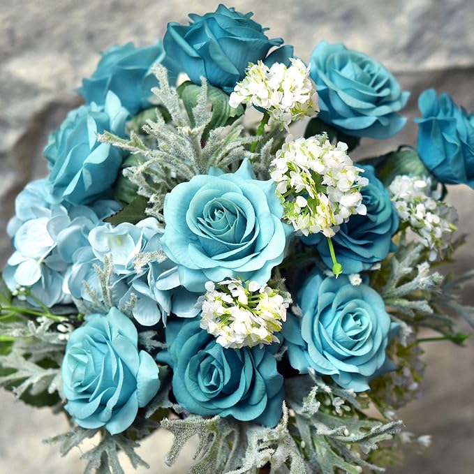 FiveSeasonStuff Silk Roses Artificial Flowers for Decoration, Home Decor Centerpiece for Tables, Wedding Bridal Bouquet of Flowers Real Touch Roses 12 Stems (Turquoise)