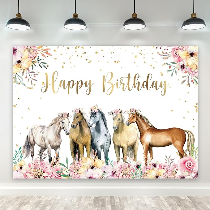 Riyidecor Horse Happy Birthday Backdrop Watercolor Florals 7Wx5H Feet Polyester Fabric Western Cowgirl Photography Background for Girls Women Princess Children Table Decor Banner Studio Photo Shoot