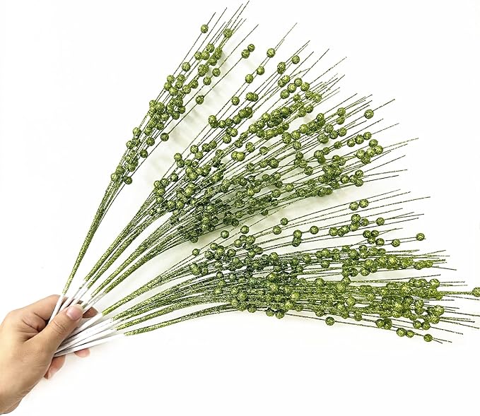 Artificial Glitter Berry Stem Ornaments, Fake Christmas Picks Decorative 17 inches Glitter Bead Sticks for Christmas Tree DIY Wreath Crafts Vase Gift Fireplace Holiday Home Decor - Green 10 Pack