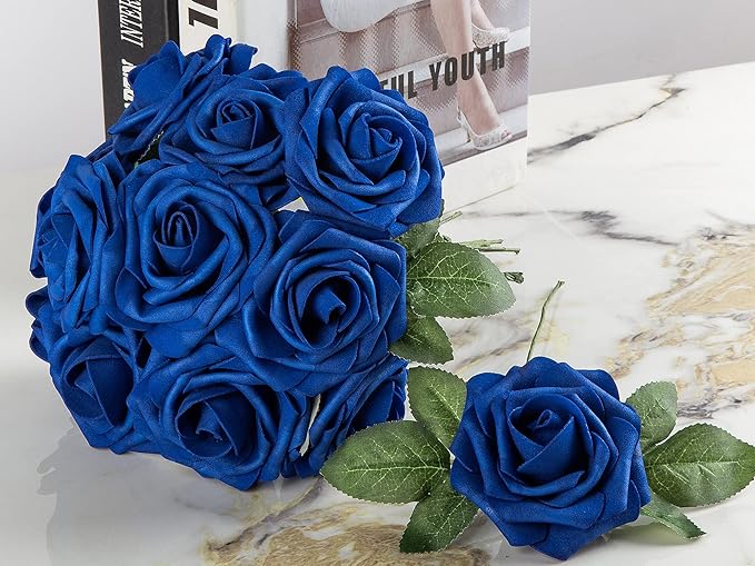 Artificial Flower Foam Rose 25pcs Real Looking Fake Rose with Stems Leaves for Home Decoration Party Garden Centerpieces DIY Wedding Bouquets（Royal Blue）