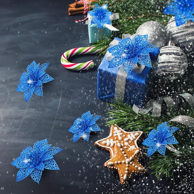 Boao Blue 24 Pieces Poinsettia Flower Christmas Glitter Artificial Poinsettia with Clips Christmas Tree Ornament Decorations for DIY Xmas Wreath Holiday Home Party Decor, 3/4/6 Inches